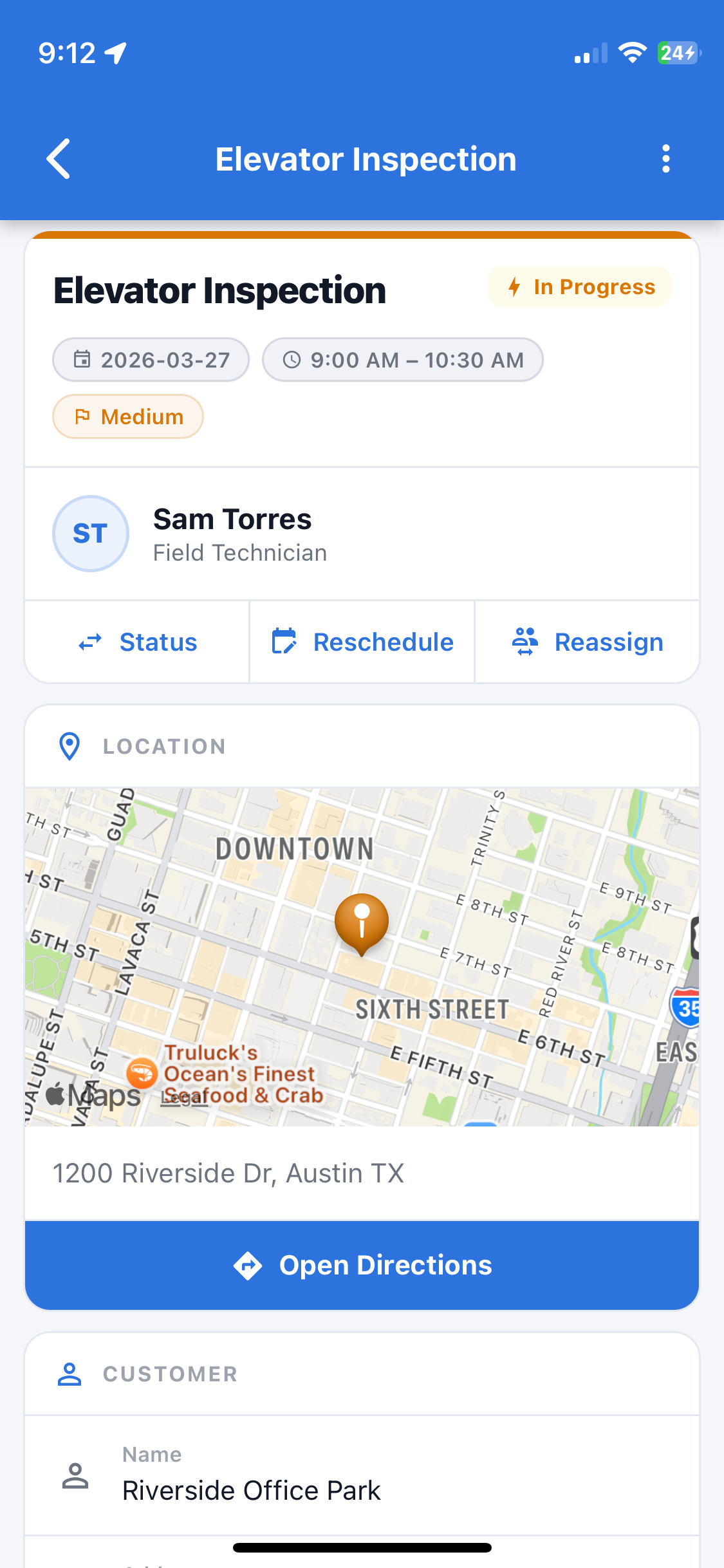 Field Manager React Native app — elevator inspection job detail screen showing technician, location, and status