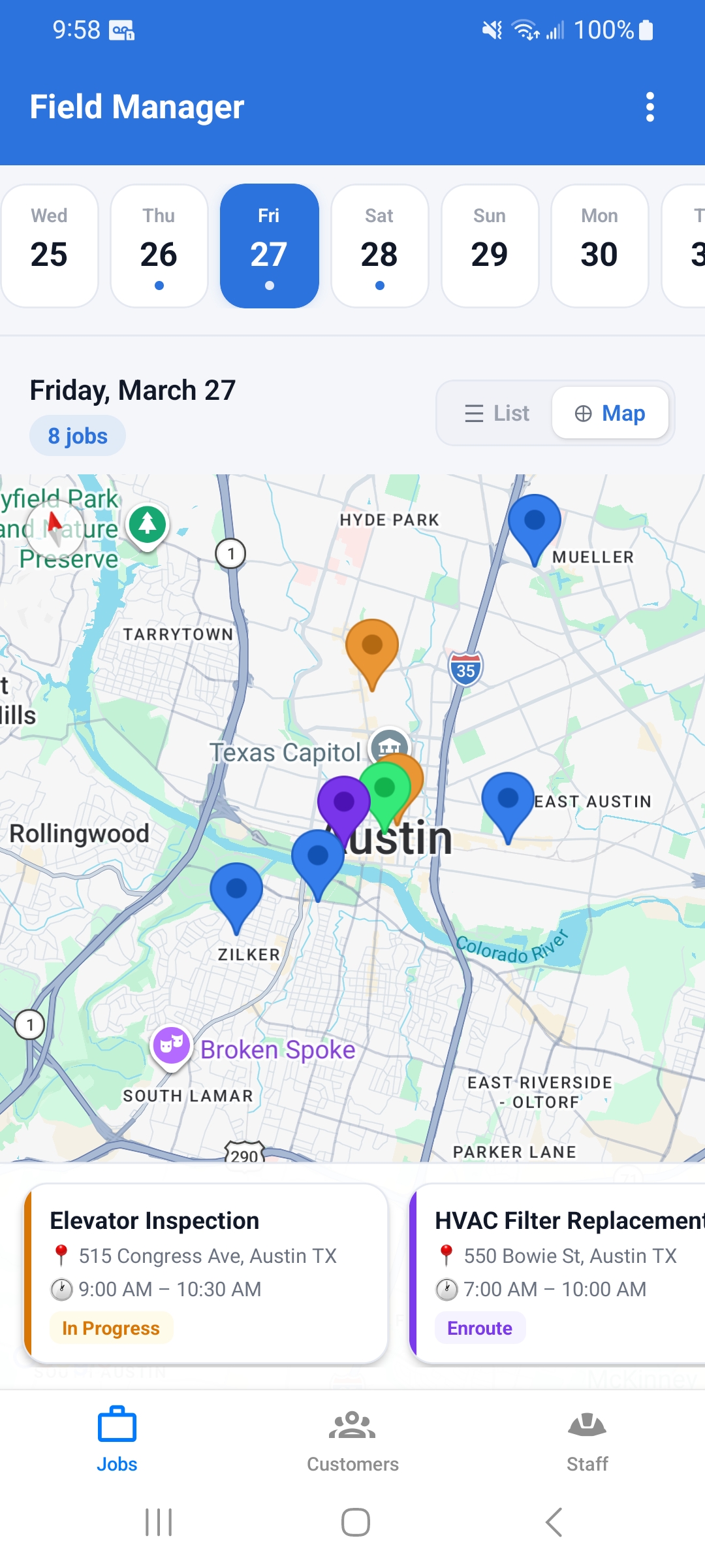 Field Manager React Native app — job dispatch map view with 8 live jobs pinned across Austin TX